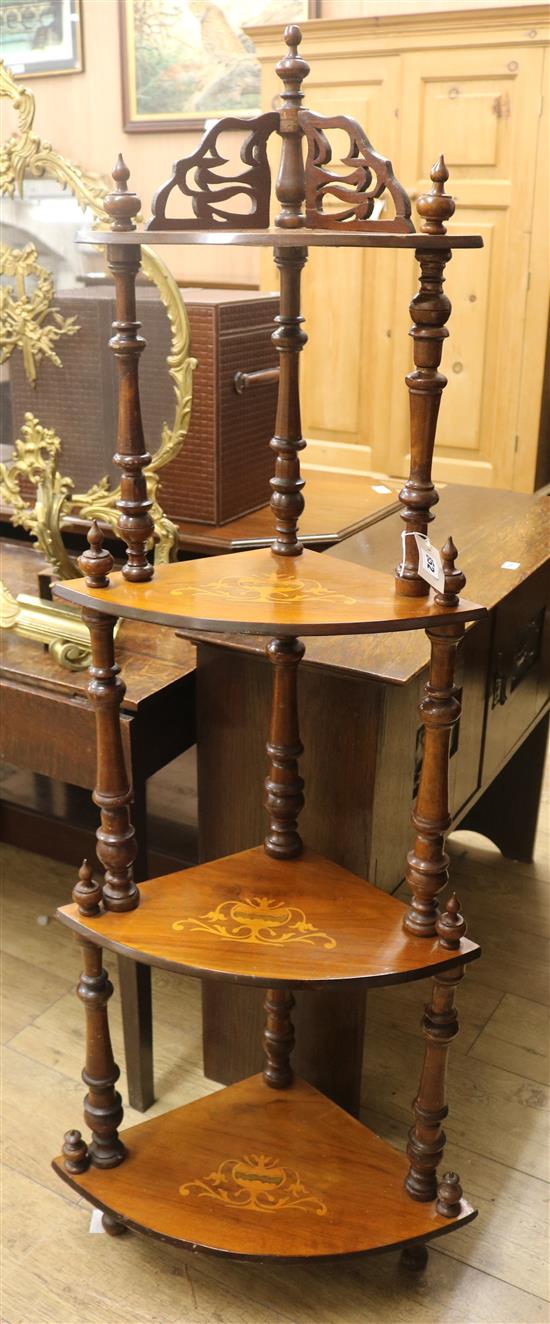 A Victorian inlaid walnut four-tier corner whatnot W.56cm